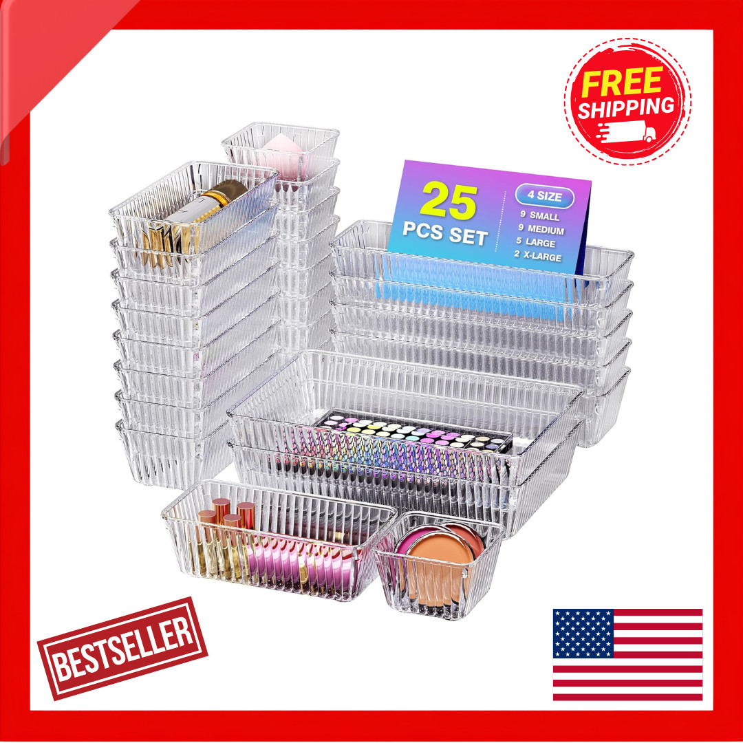 Okylvve 25 PCS Clear Plastic Drawer Organizer Set - 4 Sizes Makeup