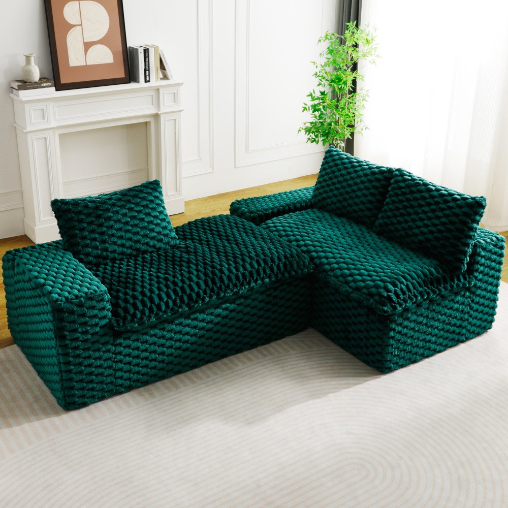 Green Velvet Convertible Sofa w/ Chaise Lounge - L-Shape Couch for Living Room