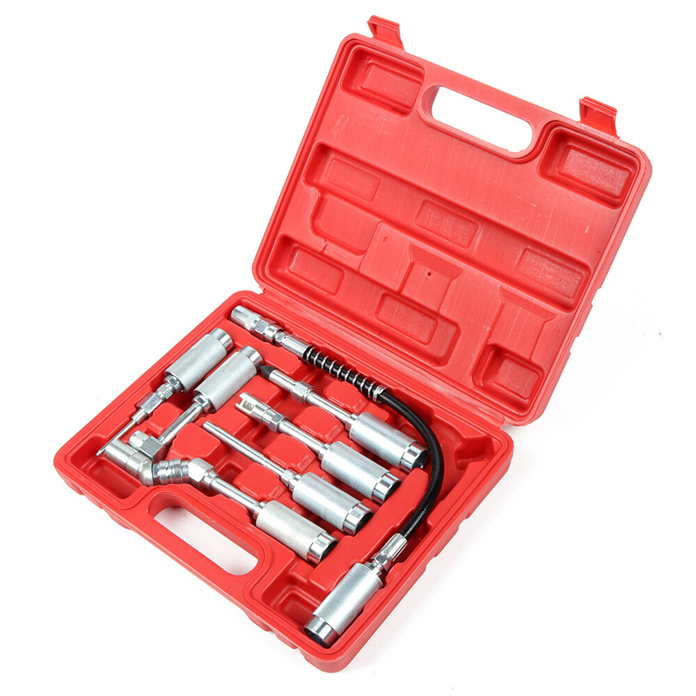 New 7pc Grease Gun Adapter Set Lubing Hose Fitting Zerk Tip Assortment Kit