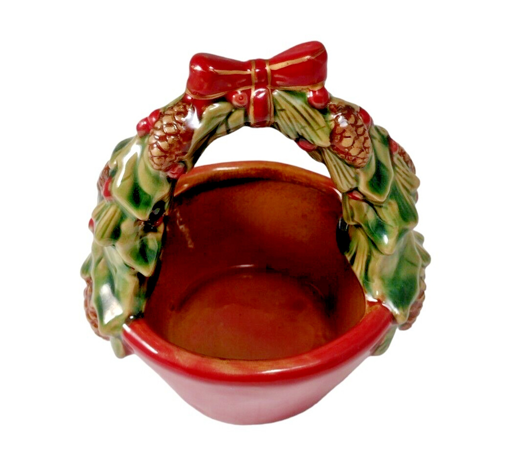 VTG Glazed Christmas Basket Pottery Trinket Candy Dish Stoneware Holiday Signed