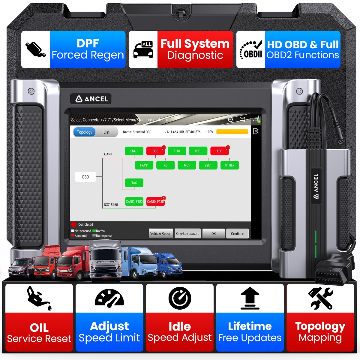 HD8000 Diesel Heavy Duty Truck Diagnostic Idle Speed Adjustment DPF Regen ANCEL