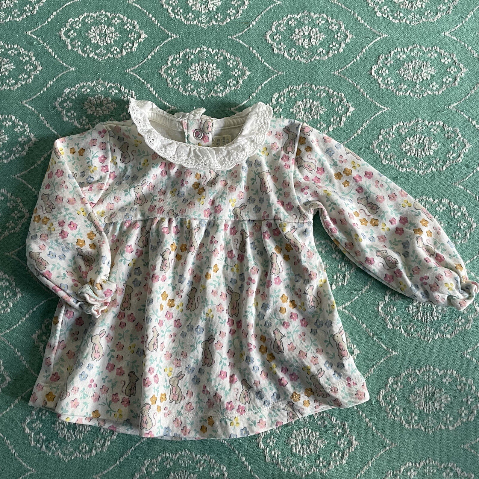 Jojo Maman Bebé Blouse 0-3 Mouse, Bunny. Frill Collar. Pink Top. T-shirt. Easter