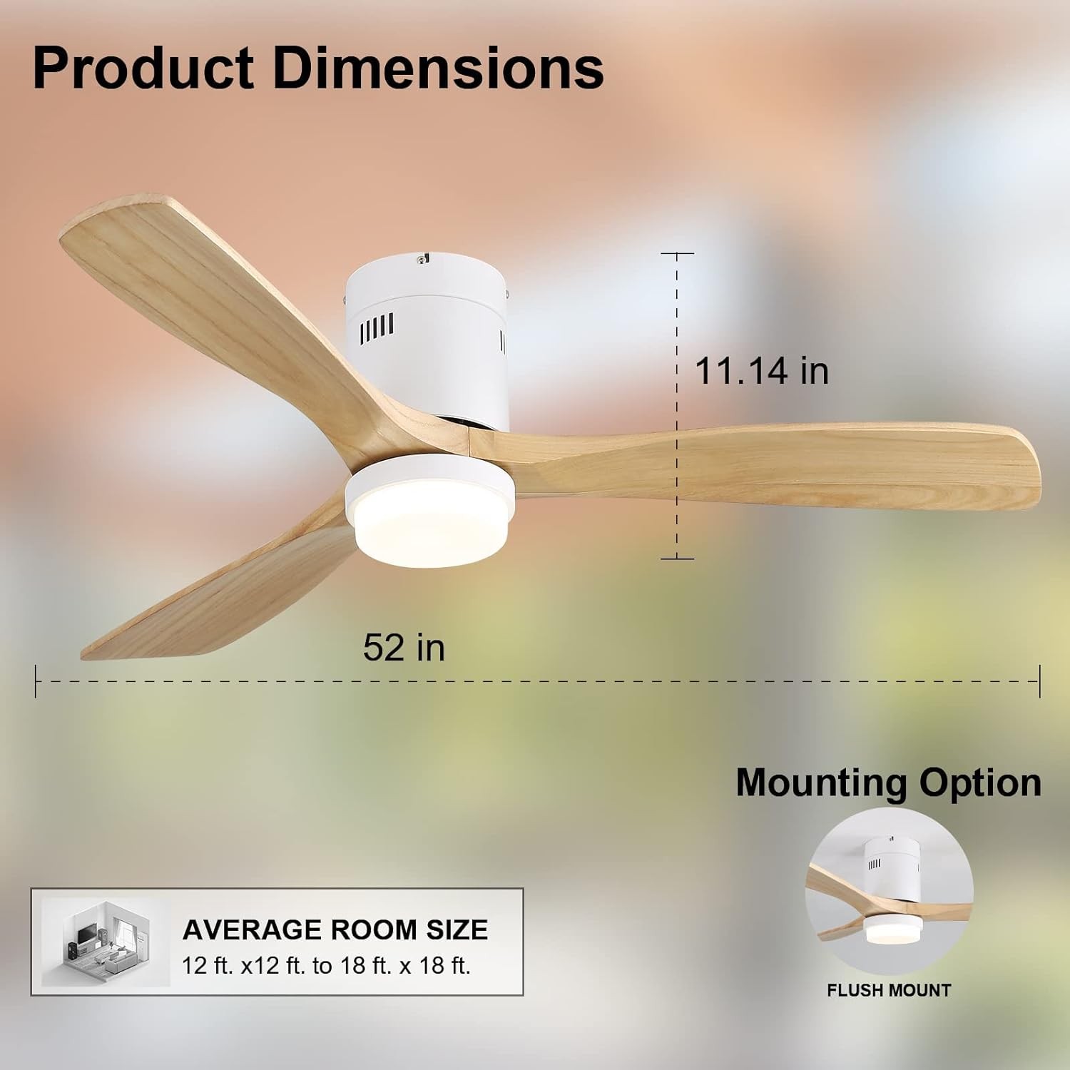 52 Inch Decorative Ceiling Fan With 6 Speed Remote White 3 Solid Wood Blades