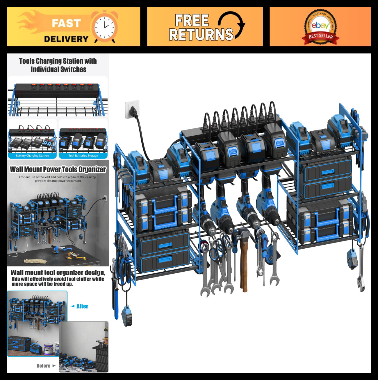 Blue Power Tool Organizer Wall Mount - Large Tool & Battery Storage Rack, Chargi