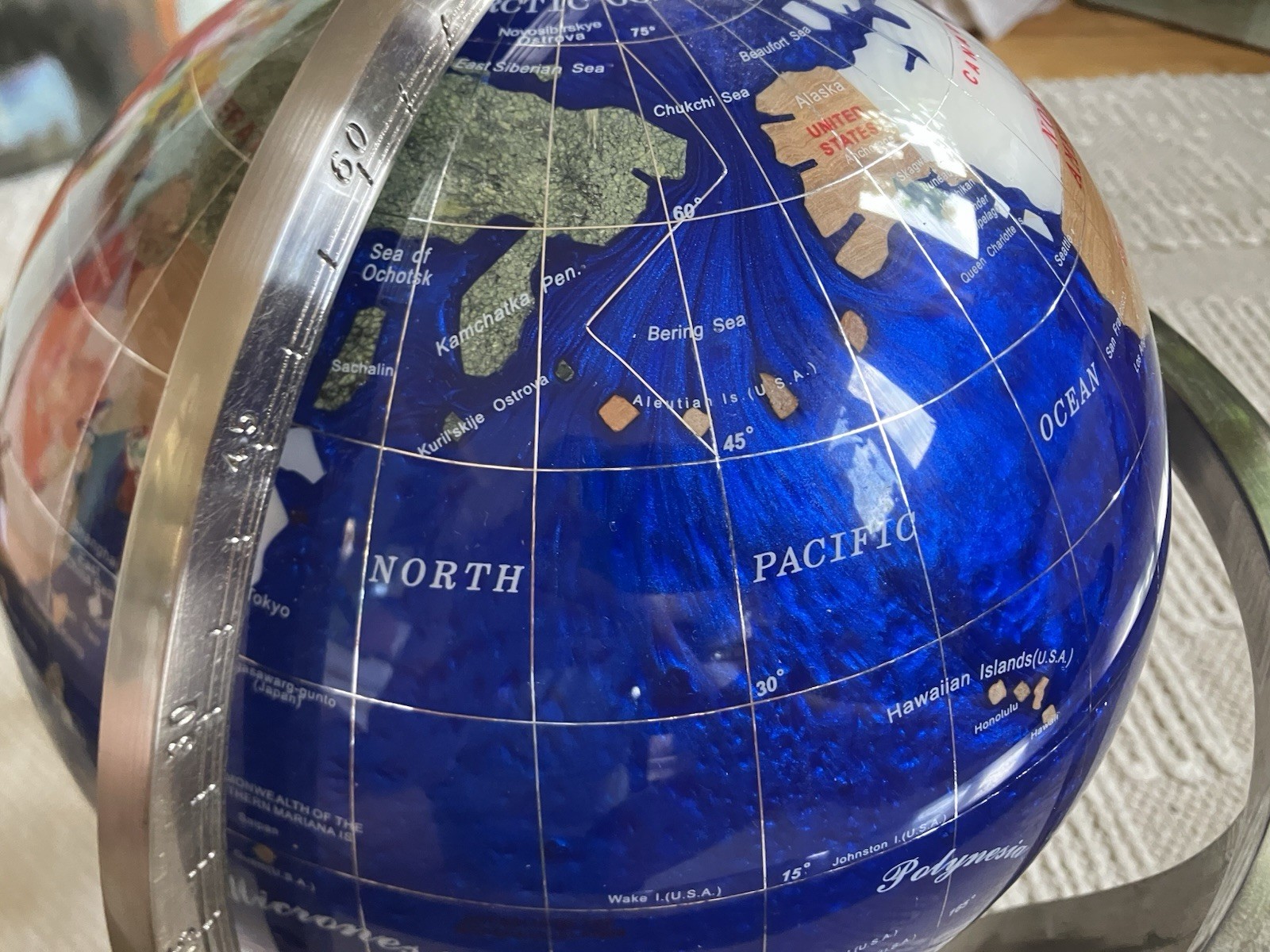 Blue Gemstone Tabletop World Globe w/ Rotating Silver Metal Base Compass