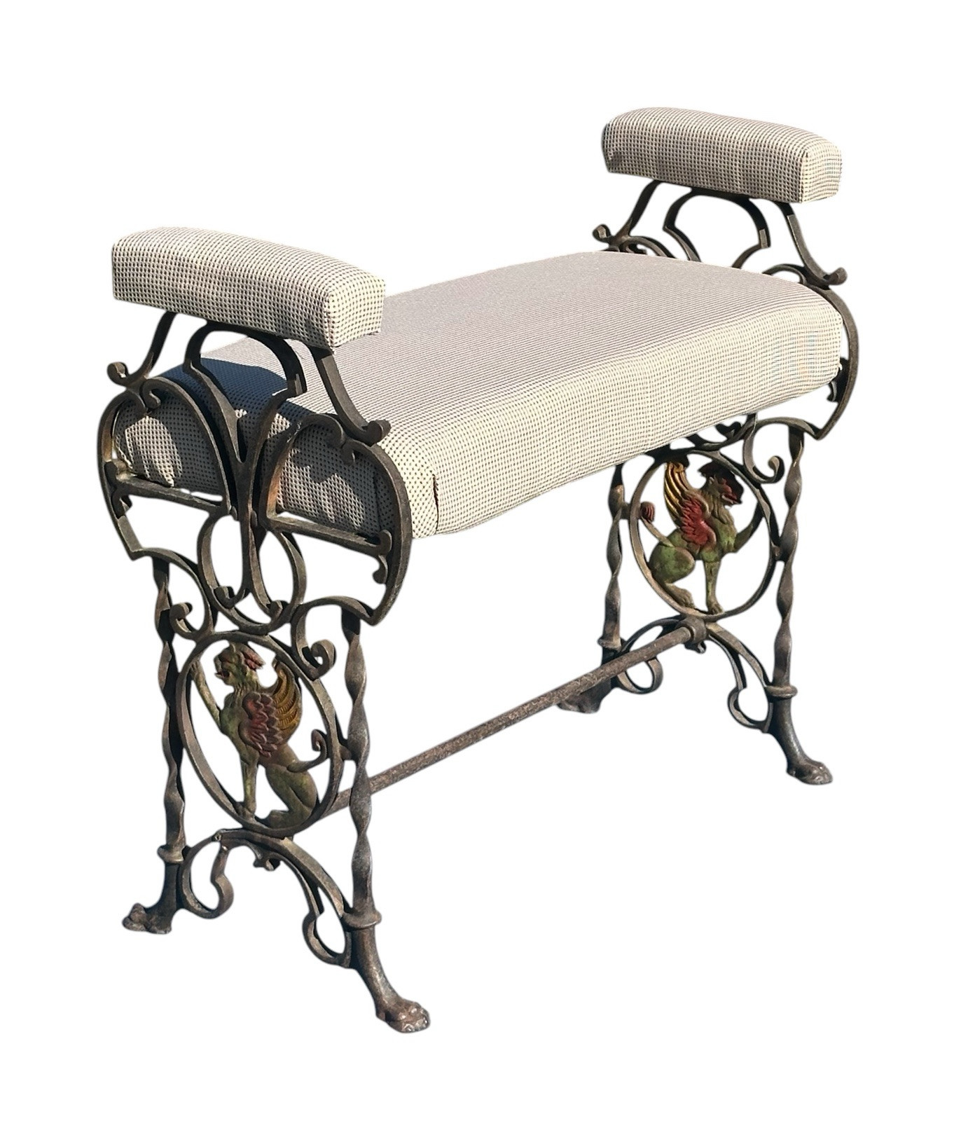 ANTIQUE ART DECO CAST IRON VANITY WINDOW BENCH WITH POLYCHROME GRIFFIN ELEMENTS