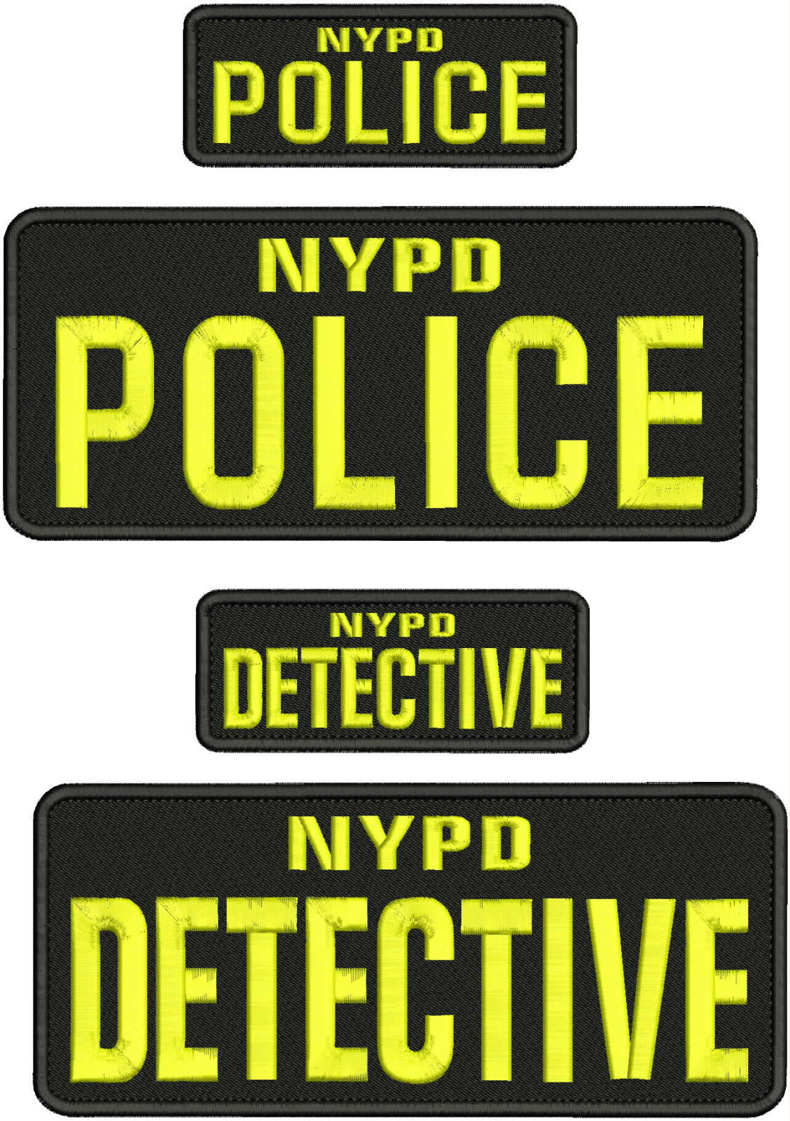 NYPD POLICE & DETECTIVE 4 EMB PATCHES 4X10 AND 2X5 VELCR@ ON BACK YELLOW N BLACK