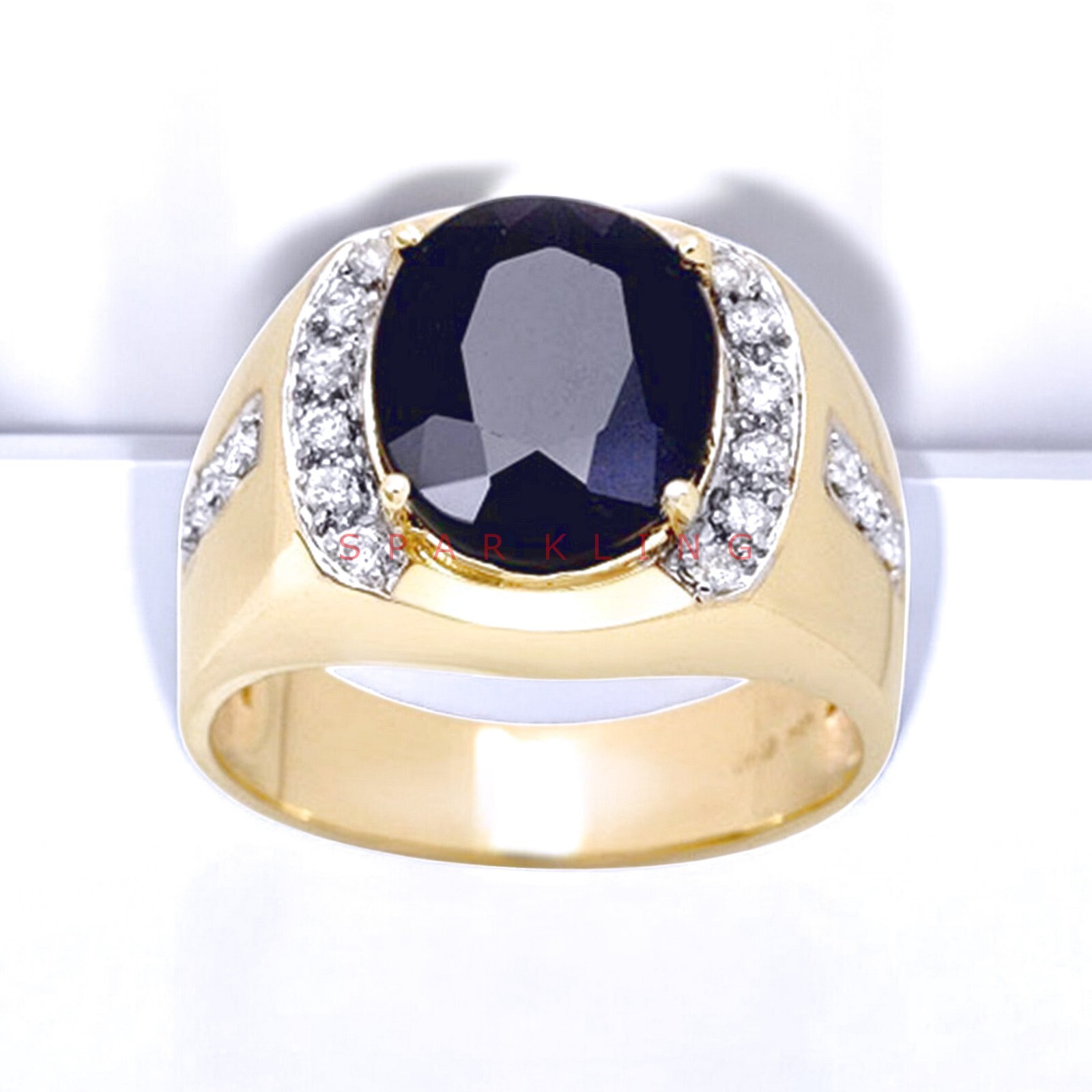 Blue Sapphire Oval Cut With 14K Solid   Gold  Ring For Men #E410