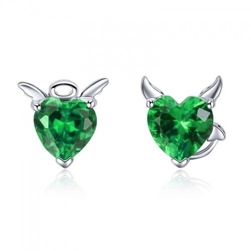 1.00 Ct Devil Heart Genuine Emerald Stud Earrings White Gold Plated 925 Silver