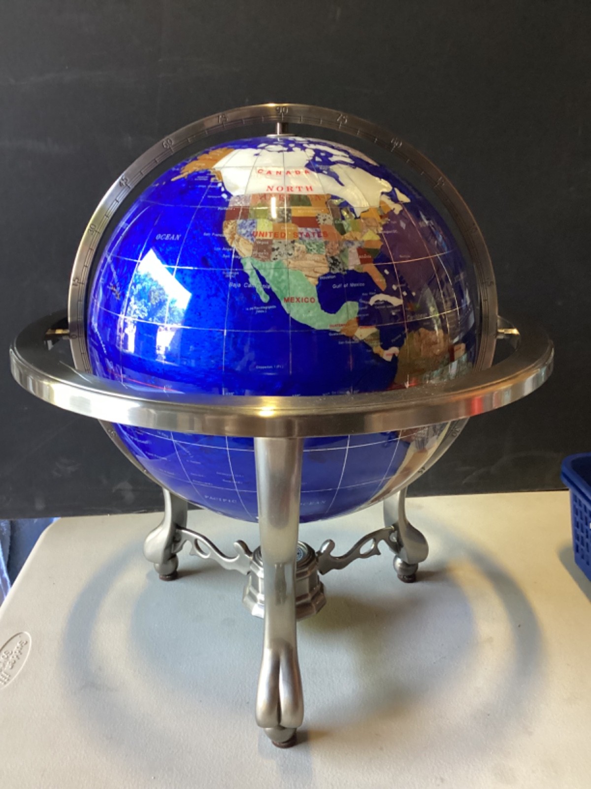 Lapis Lazuli Jewel Inlaid Desktop Globe With Silver Stand & Compass 19”x 19”