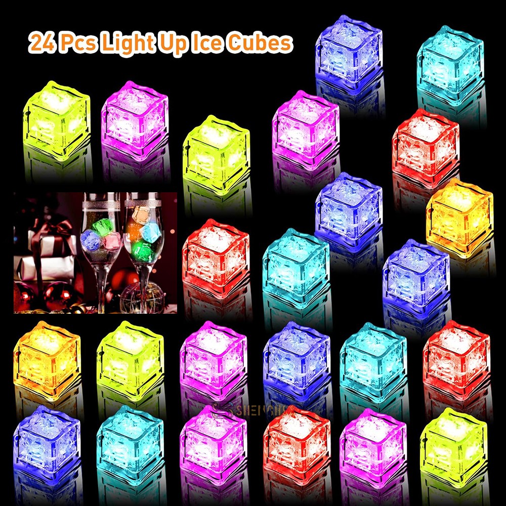 LED Ice Cubes 24 Pack for Drinks, Multi-Color Glow in Dark, Reusable Party Decor