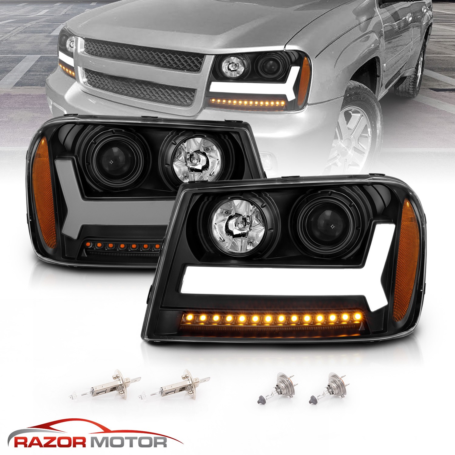 For 2006-2009 Trailblazer Black Headlights LED bar Headlight pair
