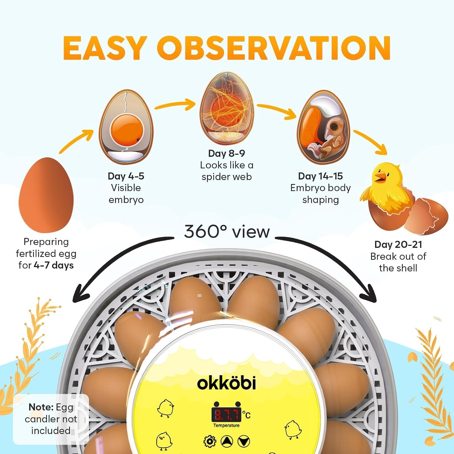 Okkobi M12 Egg Incubator with Automatic Turner and Humidity Control - 12/24 E...