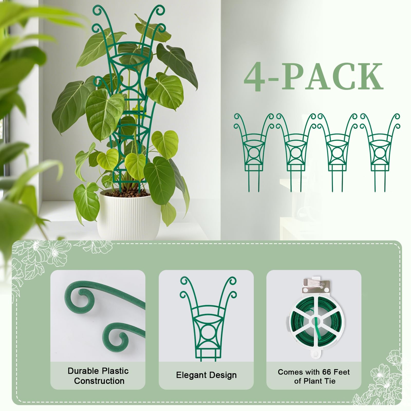 4 Pack Stackable Plant Trellis for Climbing Plants, 4 Pack, Green