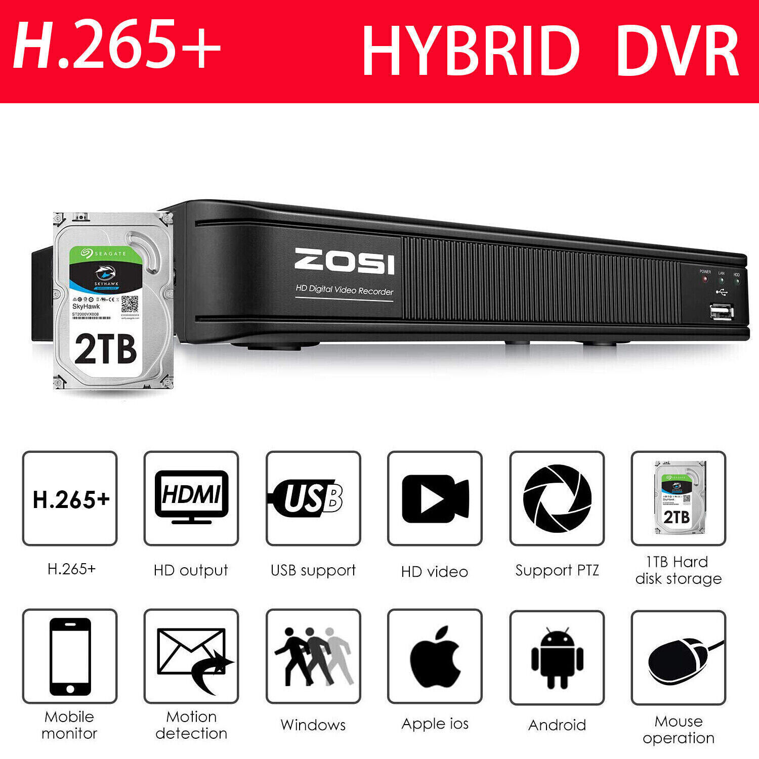 ZOSI 1080P Lite H.265+ 8 Channel Video Surveillance DVR for Security Camera HDD