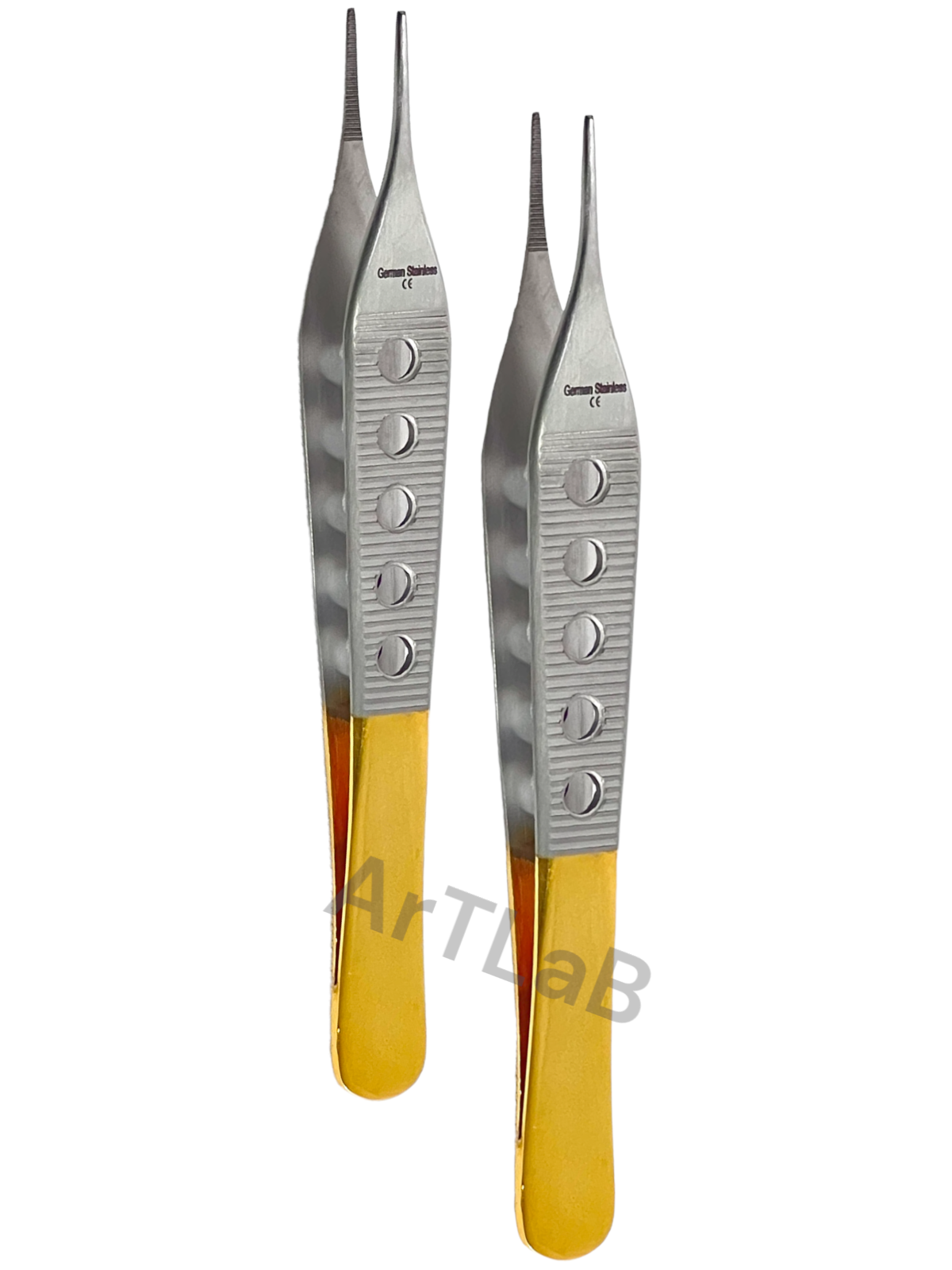 Fine Serrated Tip Adson Dressing Forceps 4.75" w/ Gold Perforated Handle, STR