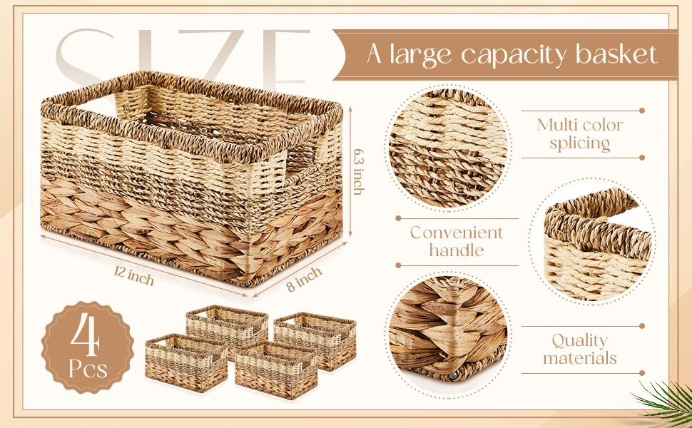 4 Pack Wicker Storage Basket for Organizing, Woven Baskets with Handles for