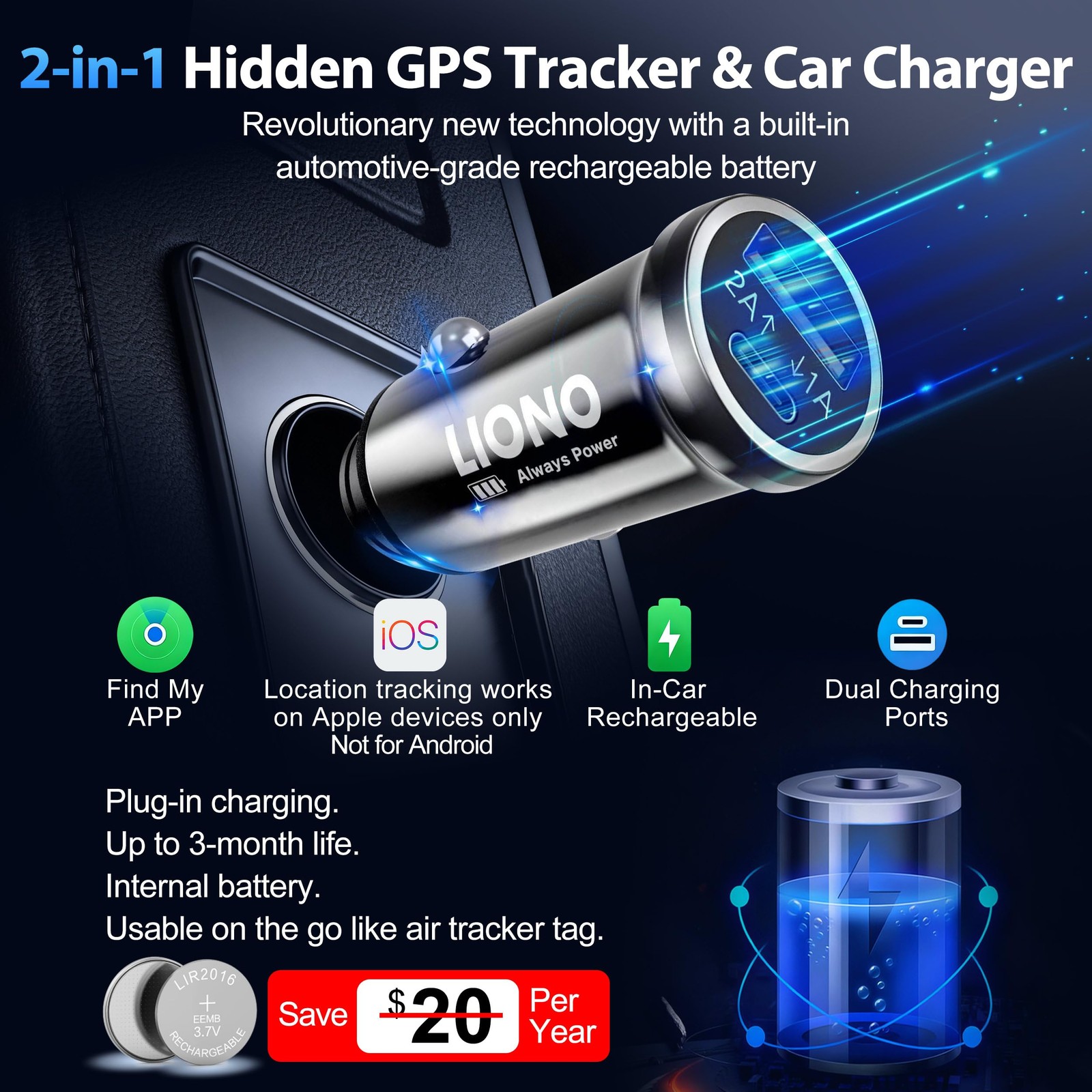 Car GPS Tracker & Charger with Built-in Rechargeable Battery, GPS Tracker for...