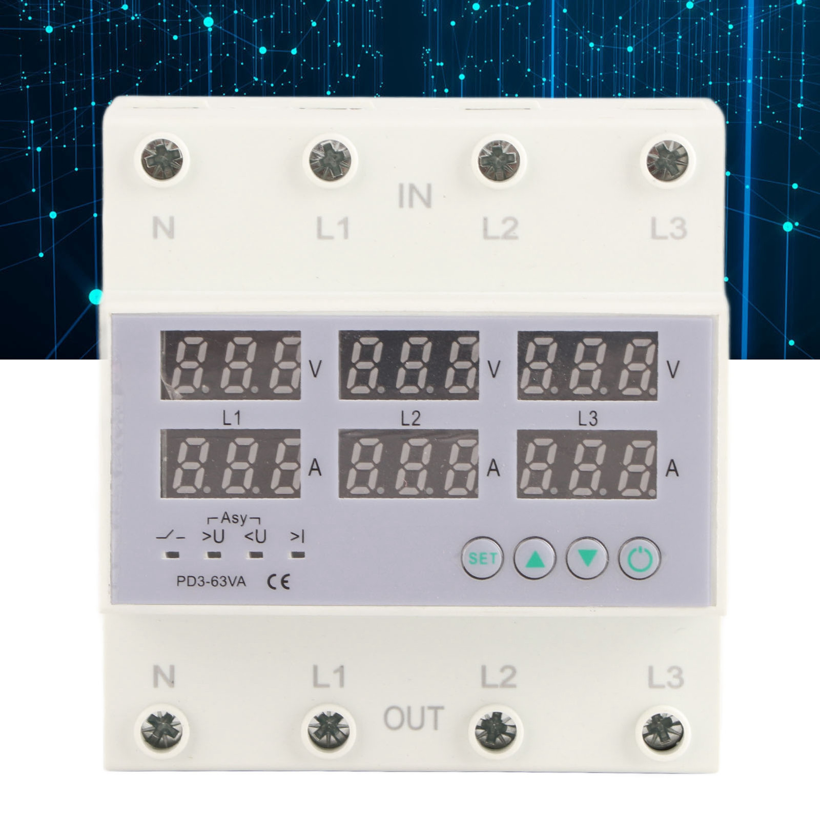 3 Phase DIN Rail Voltmeter Ammeter Automatic Overvoltage Protector 63A Part