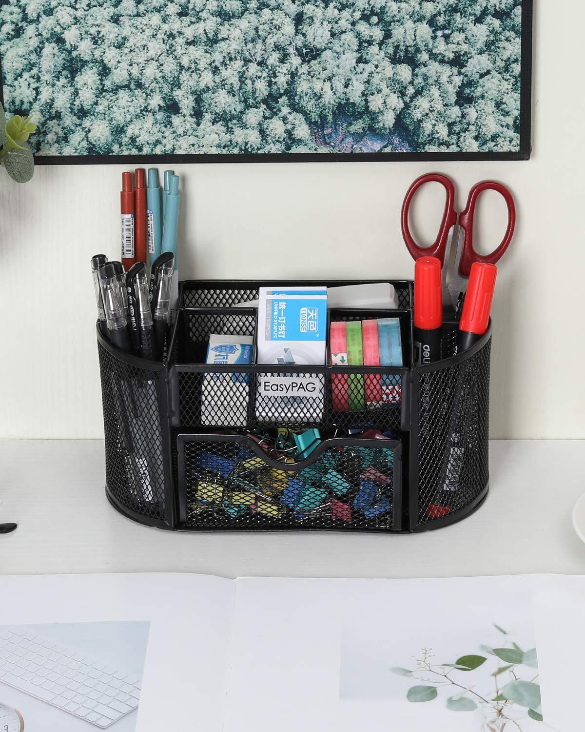 EasyPAG Office Desk Organizer with Drawer Small Mesh Desktop Pen Holder Black