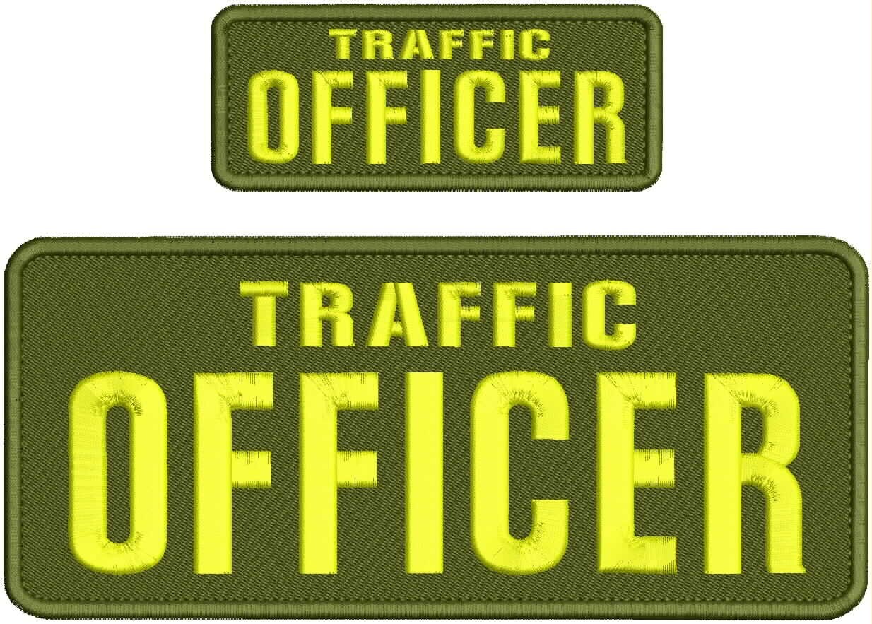 TRAFFIC OFFICER EMBROIDERY PATCHES 4X10 AND 2X5 HOOK ON BACK  YELLOW ON OD GREEN