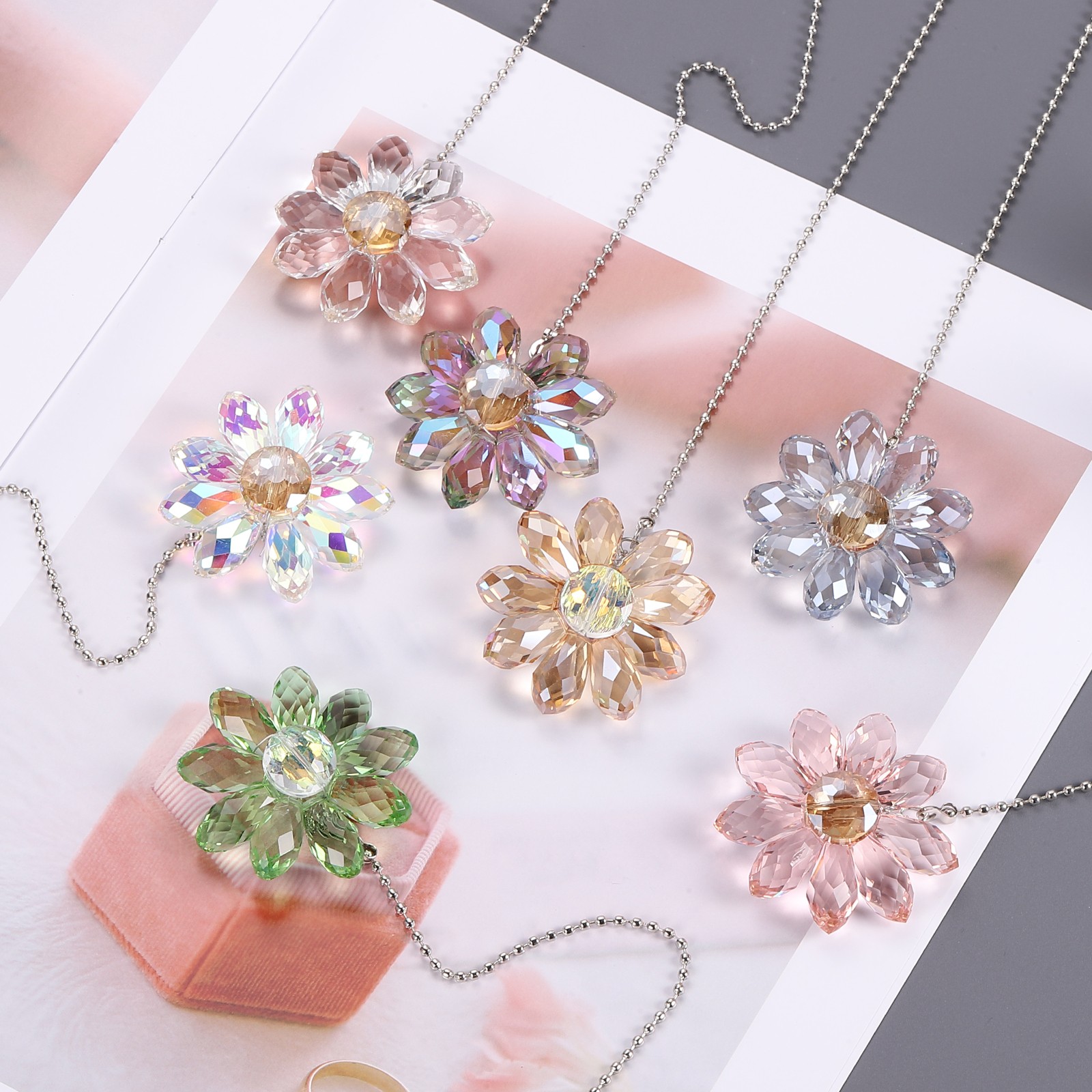 2Pcs Ceiling Fan Pull Chain, 24" Crystal Flower Pendant Chain Extender AB Color
