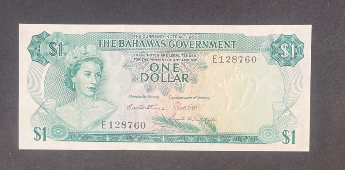 Bahamas, 1965 $1.00, 3 sigs, Pick #18b, crisp UNC, $125.00