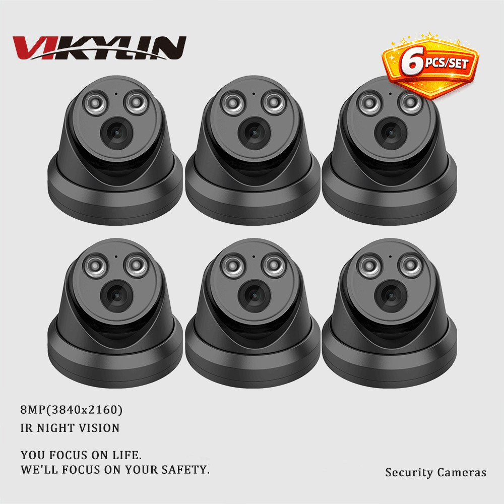 6Pcs Set VIKYLIN 8MP 4K IR Light Turret IP Camera MIC Black&White Night Vision