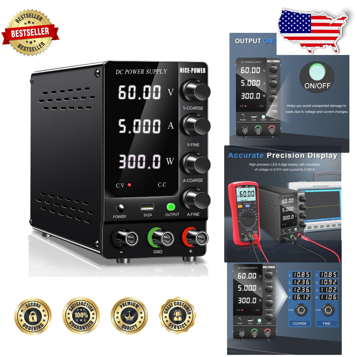 Variable 60V 5A Bench Power Supply: 300W Regulated w/ Output Switch