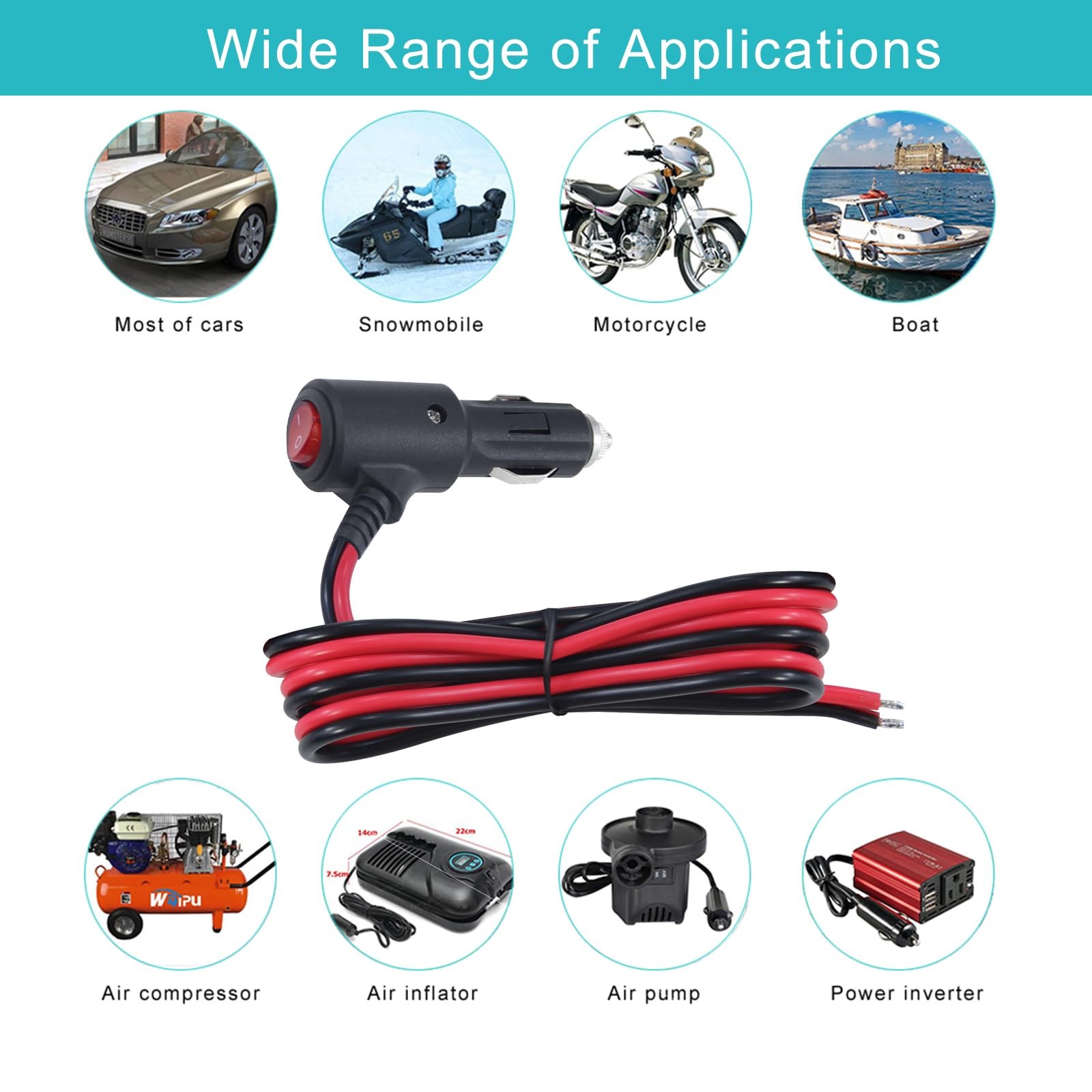 12Volt Replacement Cigarette Lighter Male Plug with On Off 3FT, red and black