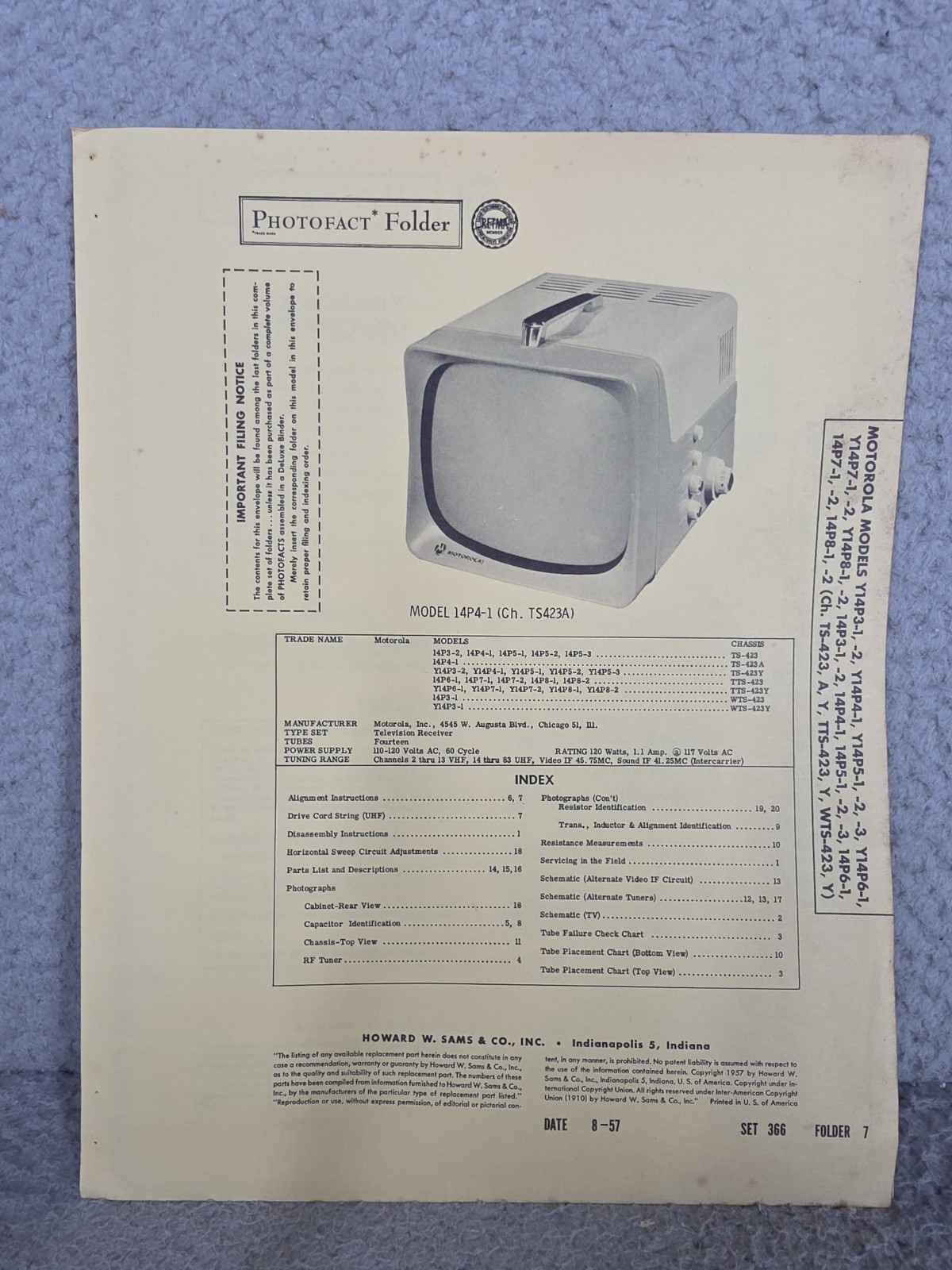 Motorola Y14P3-1, 14P4-1, Etc 1957 Sams Photofact Television Repair User Manual