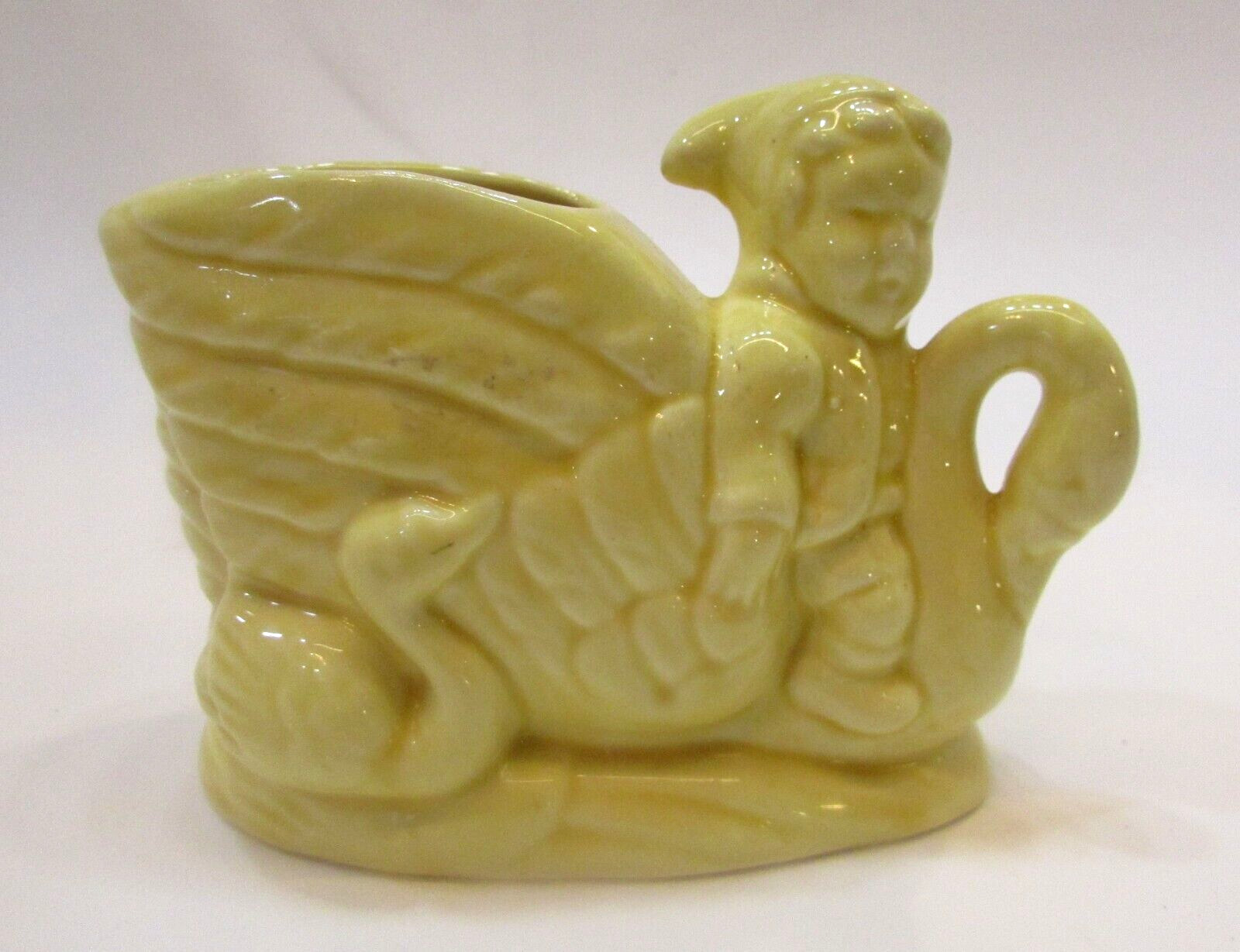 Old 1930's Elf Pixie Riding Swan's Neck Antique Yellow Pottery Cactus Planter