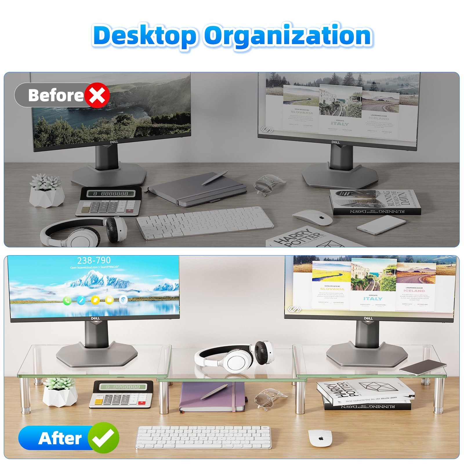 Dual Monitor Stand Riser Computer Office Desktop Organizer for 2 Monitors