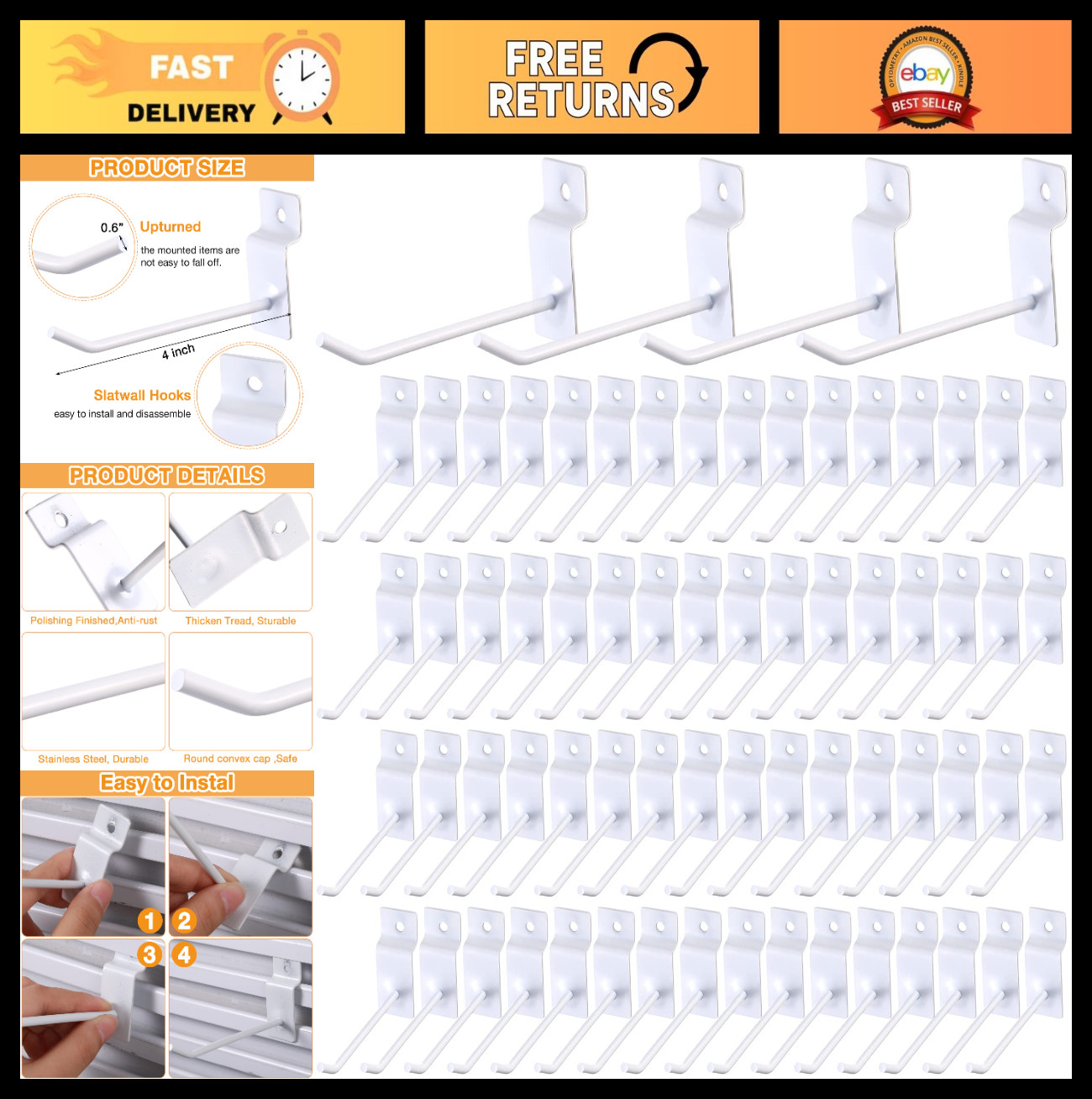 100 Pack Slatwall Hooks for Retail & Garage - 4" White Pegboard Hangers, Display
