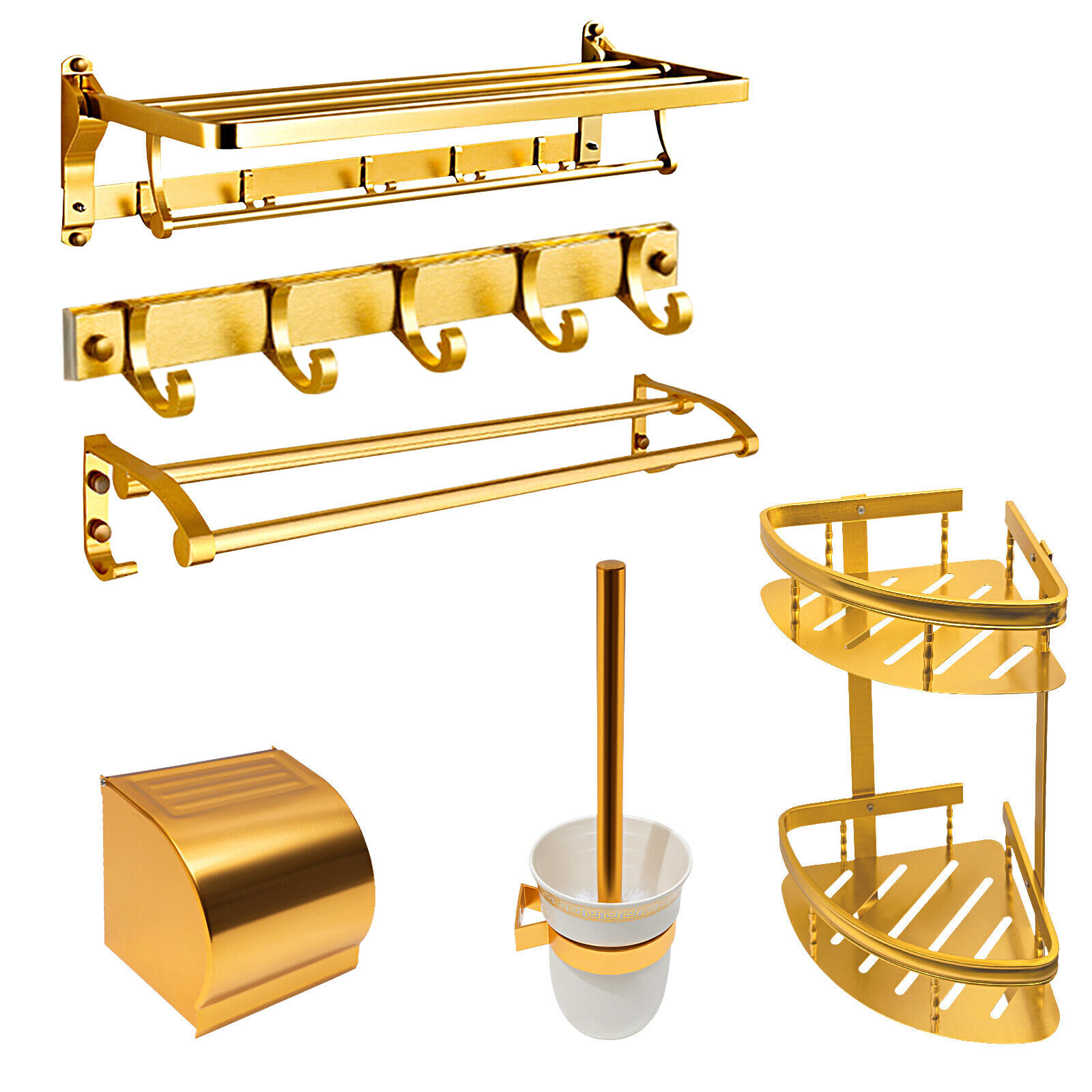 6 Pcs Gold Bathroom Hardware Set Towel Bar Racks Hooks Toilet Roll Holder