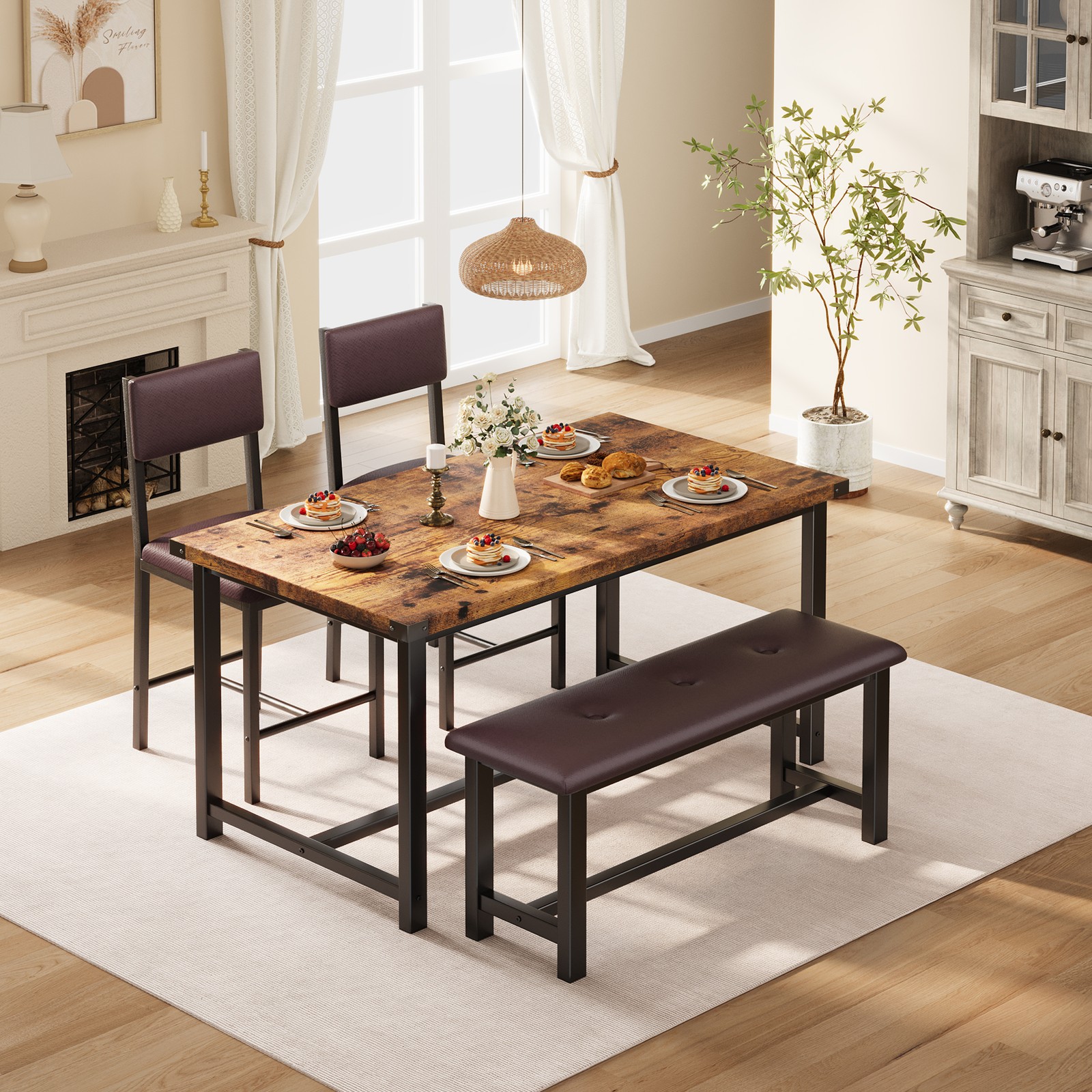 Space-Saving Dining Table w/Upholstered Bench, 2 Chairs for Kitchen, Dining Room