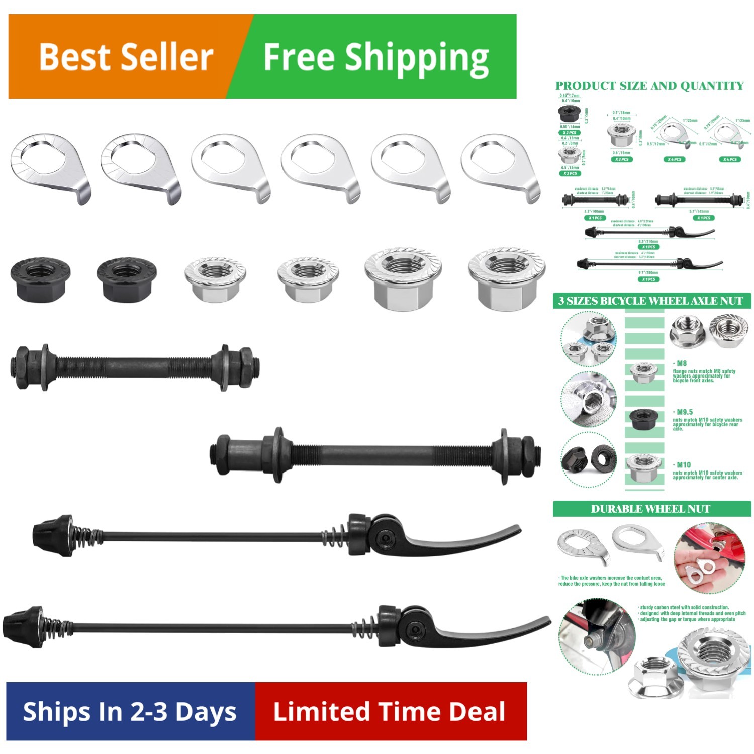 16Pcs 3 Size with Quick Release Skewer Front & Rear Bicycle Axle Replacement ...