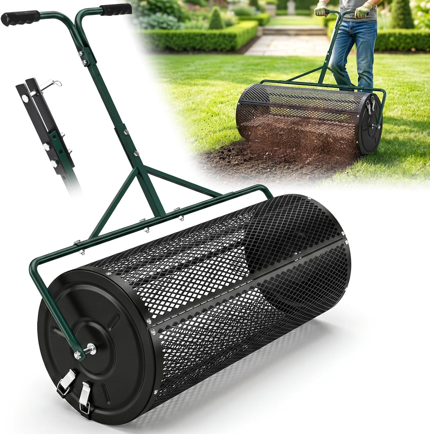 High-Capacity Metal Mesh Drum Compost Spreader with Side-Lock Peat Moss Spreader
