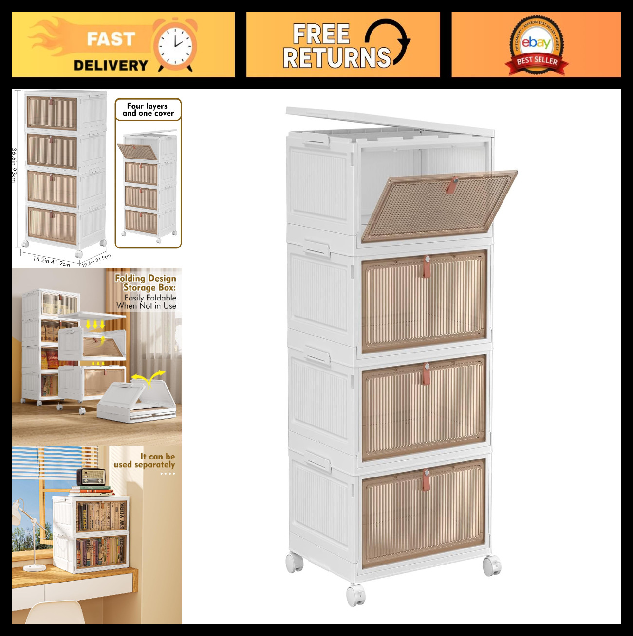 4 Tier Stackable Plastic Storage Bins with Lid & Wheels, 32QT Organizers for Hom