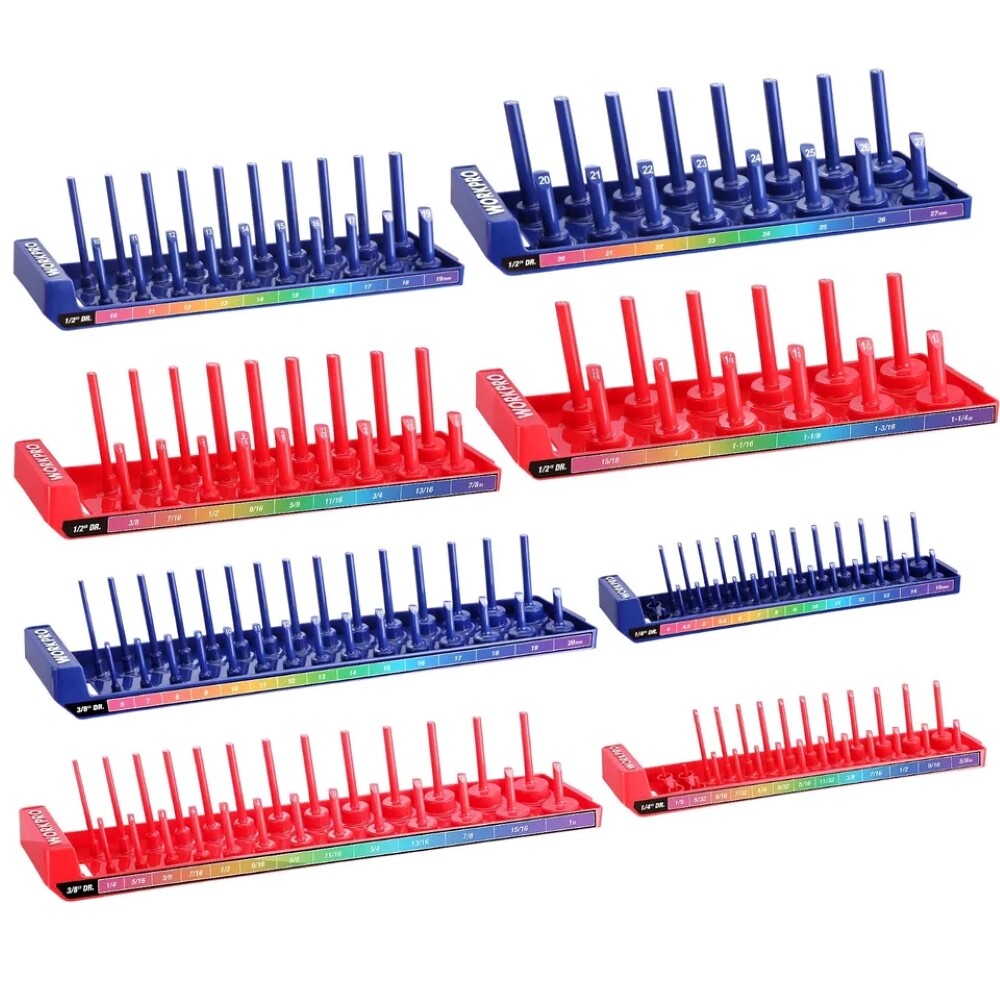 WORKPRO 4PC/8PC Socket Organizer Set Socket Holder Tray 1/4" 3/8" 1/2 SAE/Metric