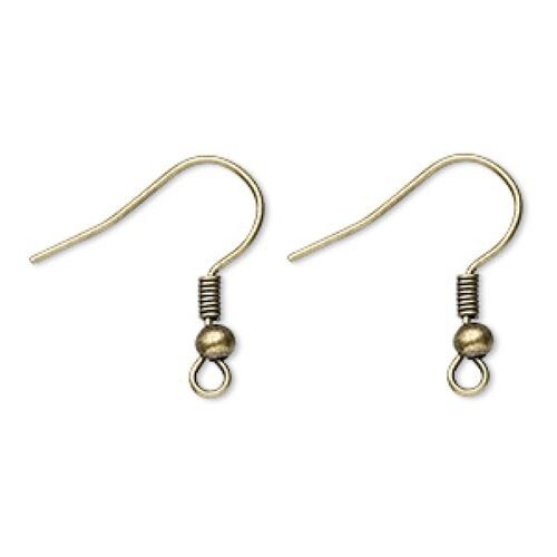 Ear wire, antique brass-plated steel, 19mm fishhook with 3mm ball and 2mm coil w