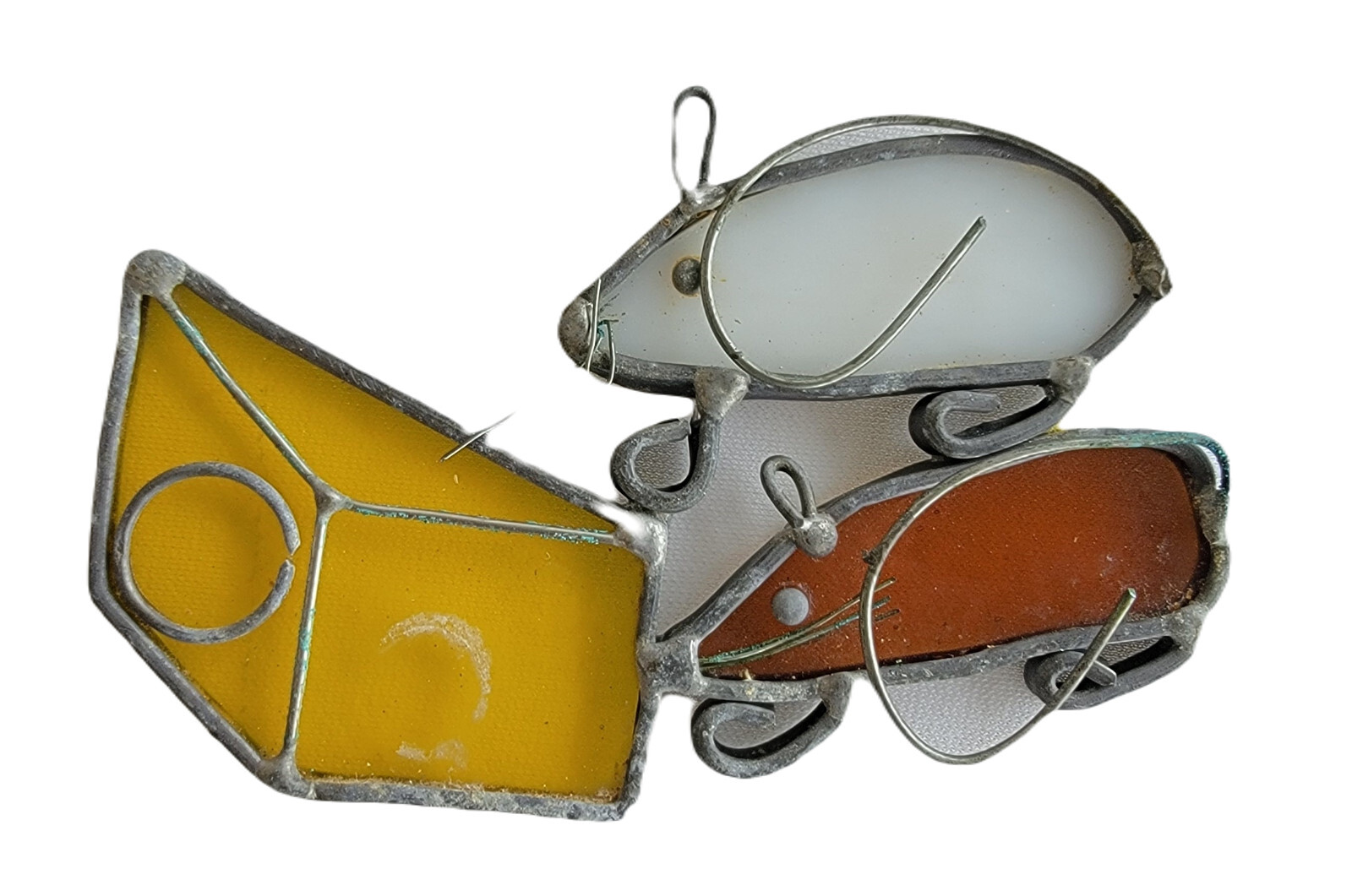 Stained Glass Leaded Mice Mouse with Cheese Yellow Vintage Suncatcher Ornament