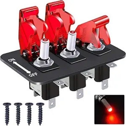 3 Gang Rocker Toggle Switch Panel with 12V LED Light Toggle Switch  Color: Red