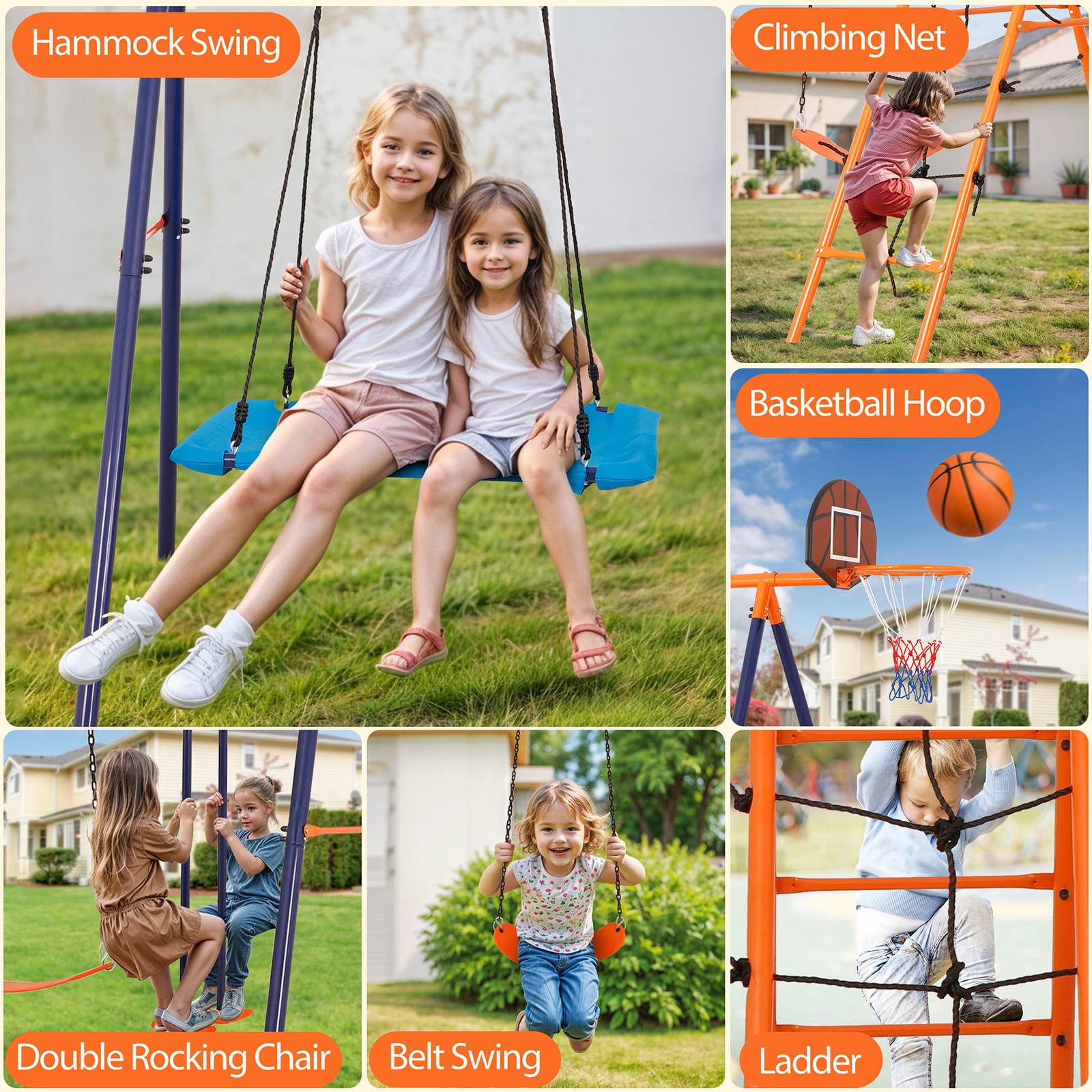 6 in 1 Swing Set Outdoor Kids Play Ground with Safety Frame for Backyard Park