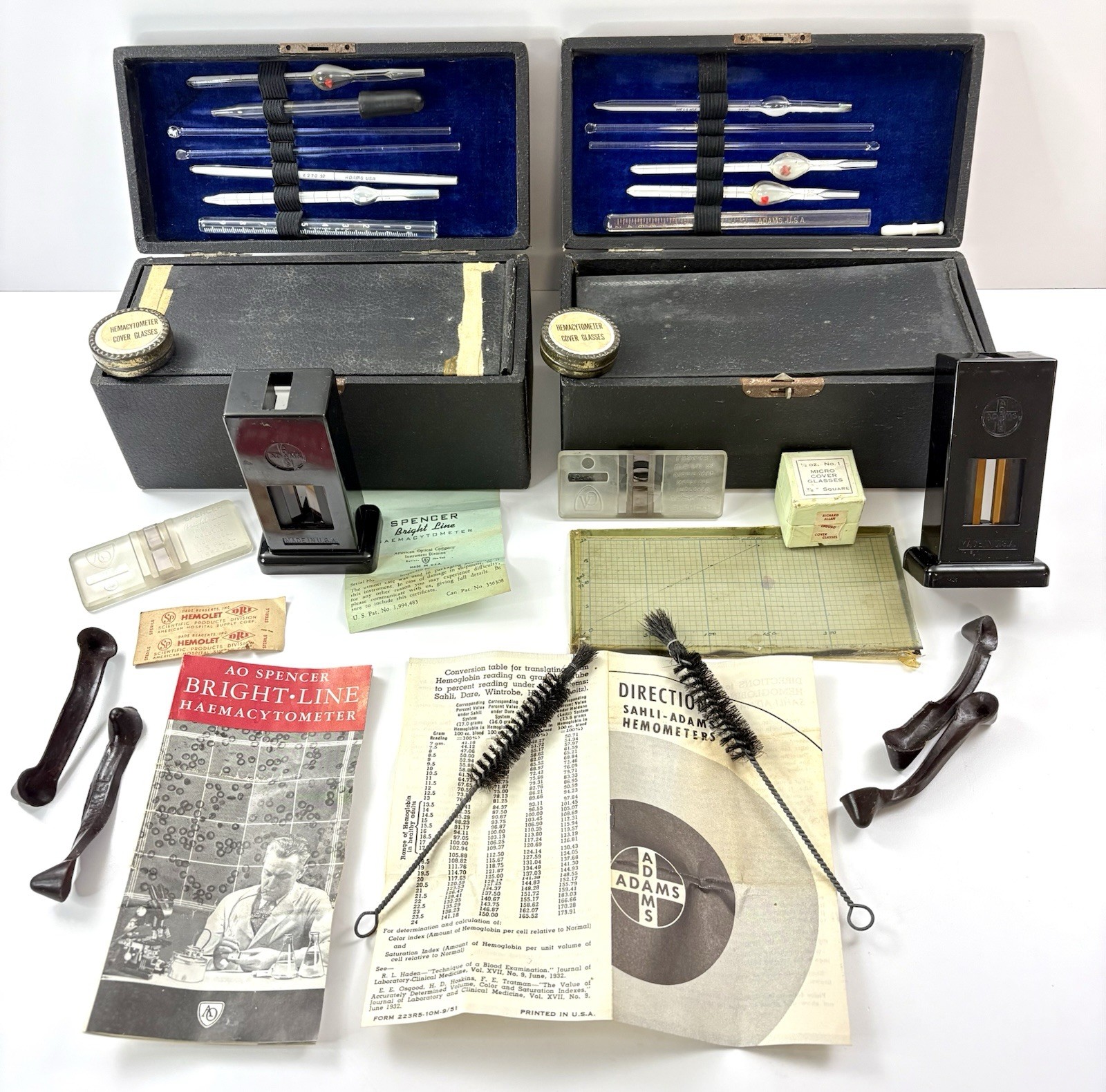 2 Vintage Sahli-Adams Hemocytometer Blood Testing Kits Case 1950s (not complete)
