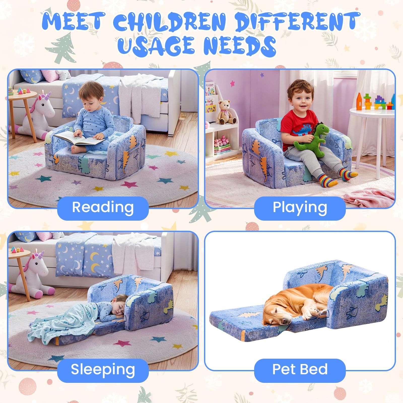 2-in-1 Soft Couch Fold Out,Foldable Chair, Glow in The Dark Sofa for playroom...