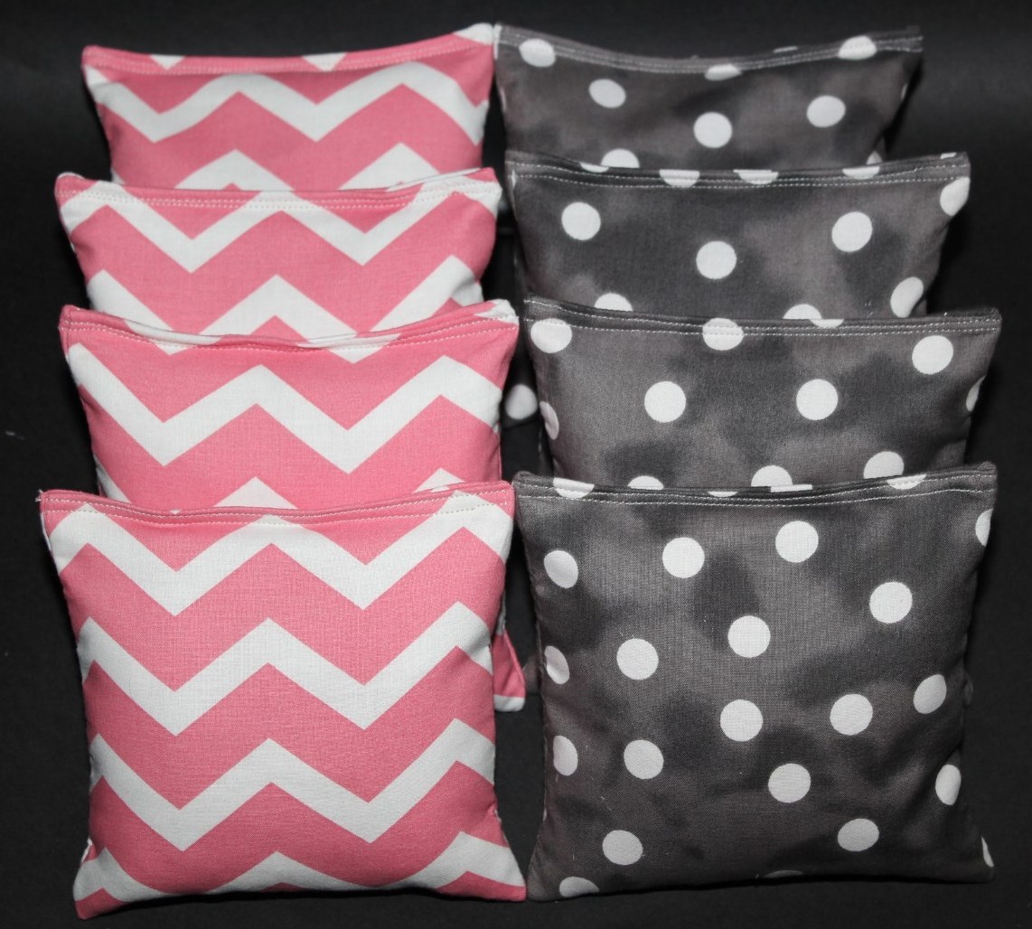 CORNHOLE BEAN BAGS Chevron Pink & Smoky Black Polka Dots 8 ACA Regulation Bags