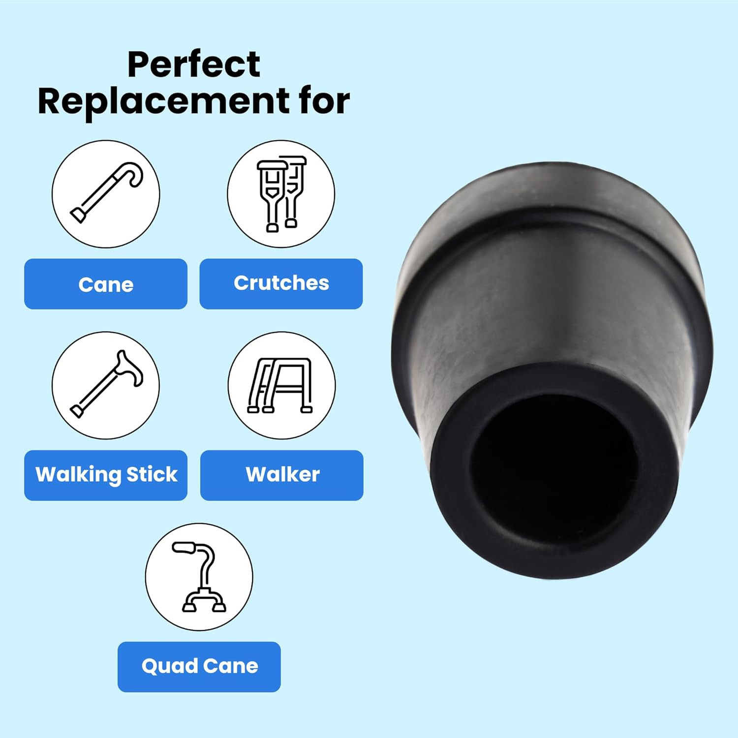 6 Pack Replacement Rubber Cane Tips for Canes, Walking Sticks, Walkers (Black, 3