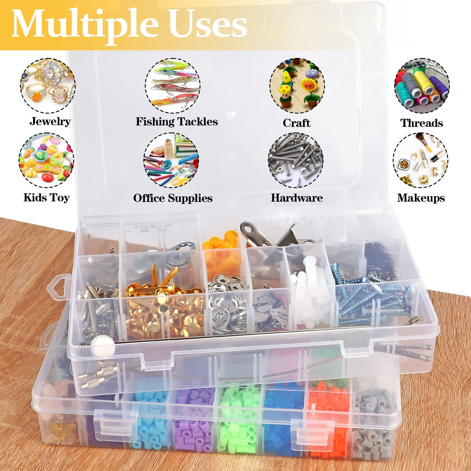 2 Pack 24 Grids Clear Plastic Organizer Box, Storage Container with Adjustable D