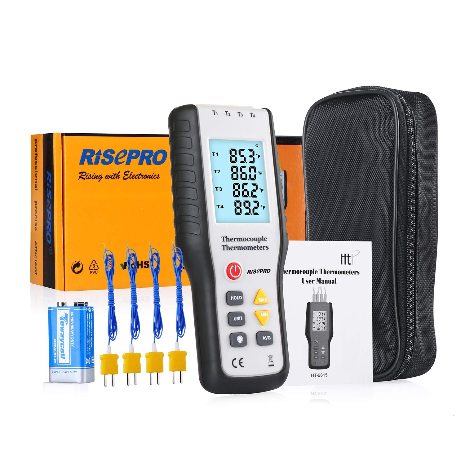 Thermocouple Thermometer, RISEPRO 4 Channel K Type Digital Thermometer White